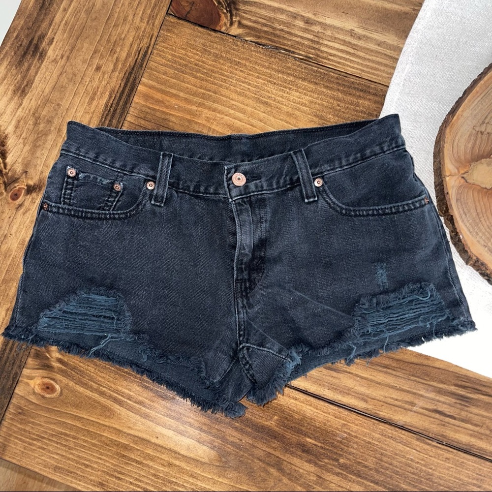 Levi’s Denim Black Distressed Low Rise Short Shorts